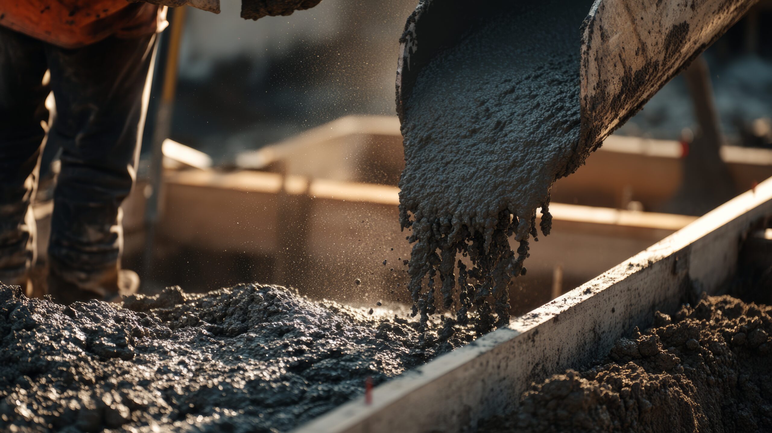 Zbliżenie robotnika budowlanego wylewającego beton do formy fundamentowej, Scena wylewania betonu, Styl układania fundamentów